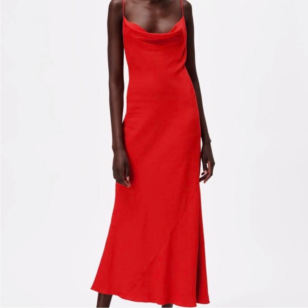 Zara Maxi/Midi Red Satin Cowl-like Dress